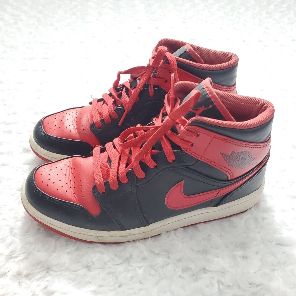 Air Jordan 1 Mid Reverse Bred Basketball Sneakers US 7.5 Black Mens Leather